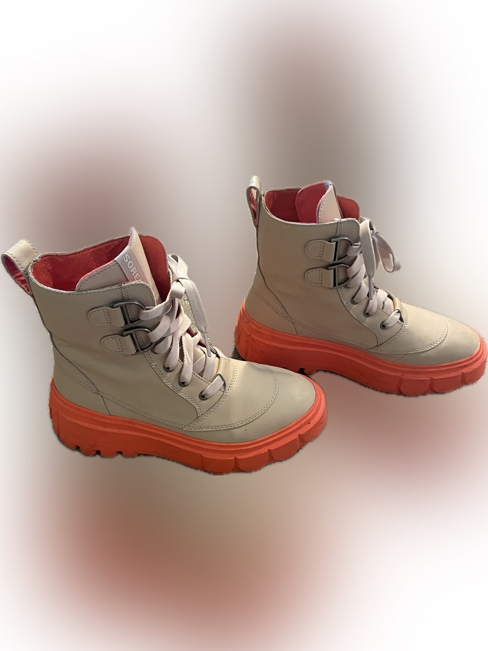 Sorel women’s Caribou X waterproof; Beige Lace-Up with Orange Sole; size 7.5